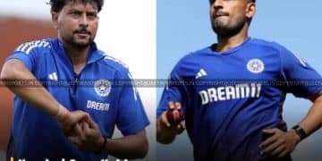 Side-by-side image of cricketer Kuldeep Yadav preparing to bowl and Anshul Kamboj running on the field