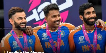 Indian national cricketers Virat Kohli, Hardik Pandya, and Jasprit Bumrah posing together