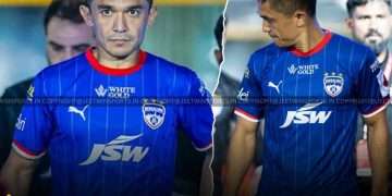 Footballer Sunil Chhetri staring with focus during a match on the field