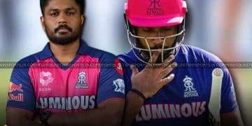 Indian cricketer Sanju Samson carrying his bat and walking off the field