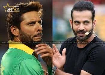 One Pakistan cricketer on the field while another is commentating into a microphone