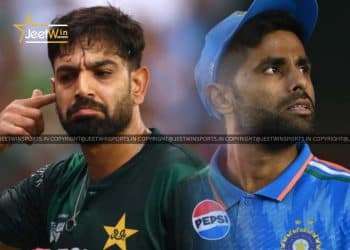 Pakistan and Indian cricket players side by side during a match