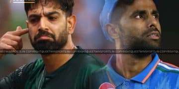 Pakistan and Indian cricket players side by side during a match