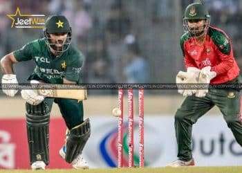 Batter and wicketkeeper in action during a cricket match, asia cup semi final