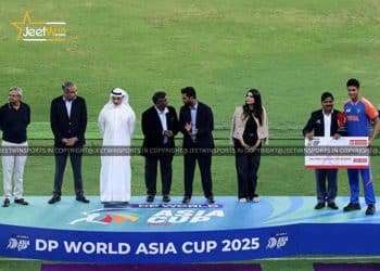 Cricket organizers on stage for the trophy ceremony