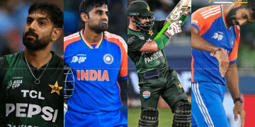 Cricket players on the field showing different reactions