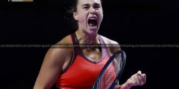 Female tennis player showing excitement during a match